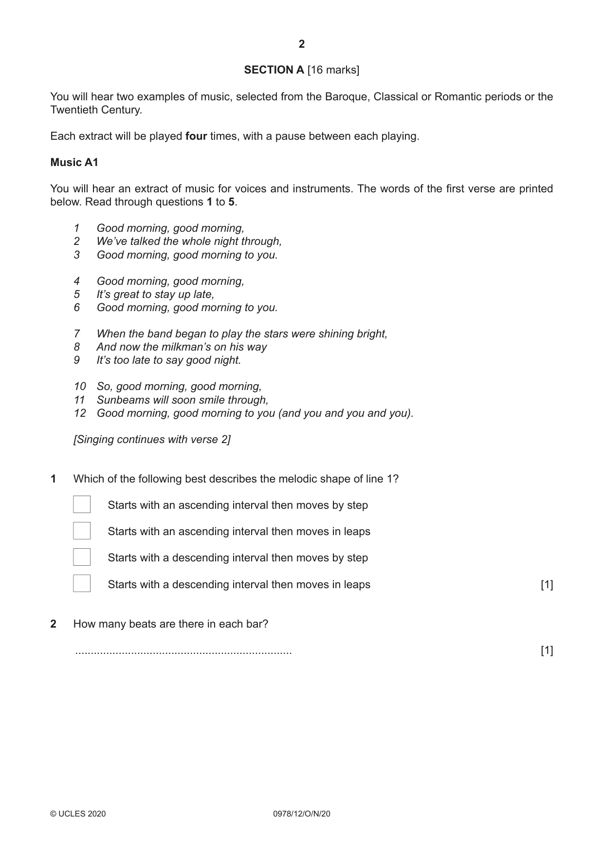 Cambridge IGCSE Music (9-1) 0978 2020 Oct/Nov Paper 1 · Variant 2 question paper, page 2 of 16