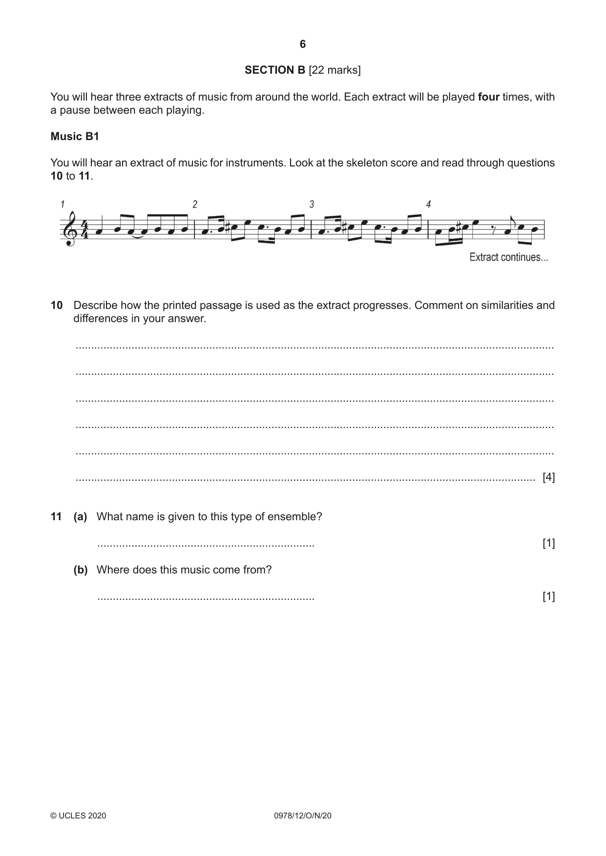 Cambridge IGCSE Music (9-1) 0978 2020 Oct/Nov Paper 1 · Variant 2 question paper, page 6 of 16