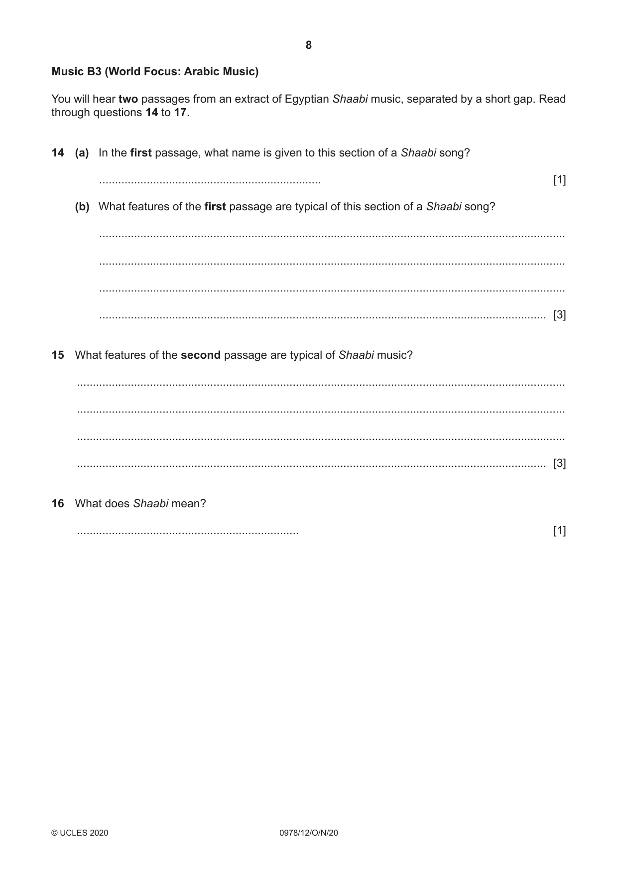 Cambridge IGCSE Music (9-1) 0978 2020 Oct/Nov Paper 1 · Variant 2 question paper, page 8 of 16