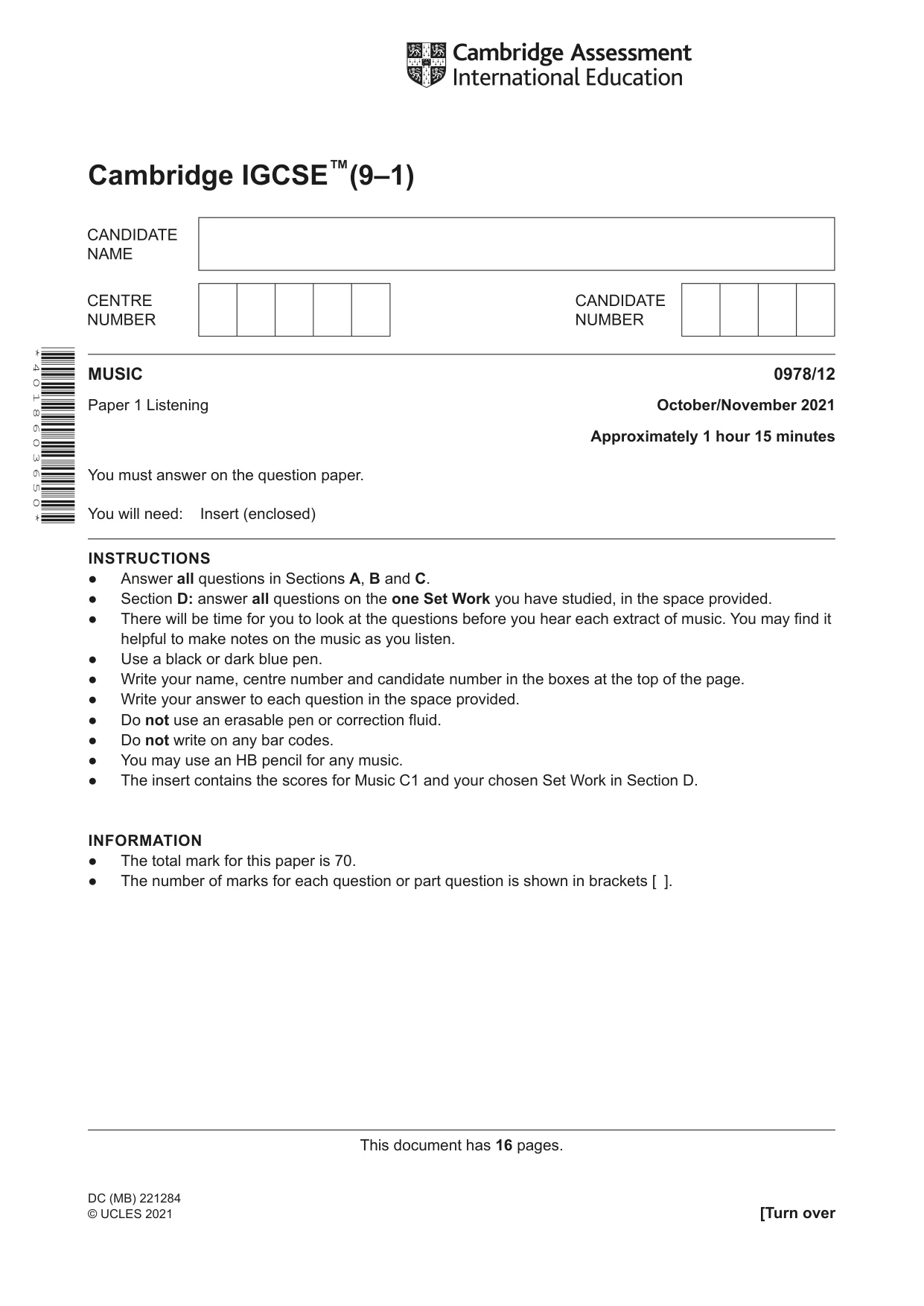 Cambridge IGCSE Music (9-1) 0978 2021 Oct/Nov Paper 1 · Variant 2 question paper, page 1 of 16