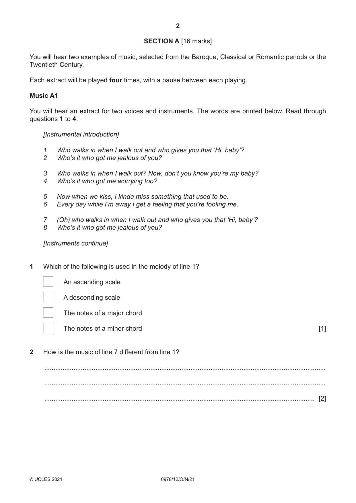 Cambridge IGCSE Music (9-1) 0978 2021 Oct/Nov Paper 1 · Variant 2 question paper, page 2 of 16