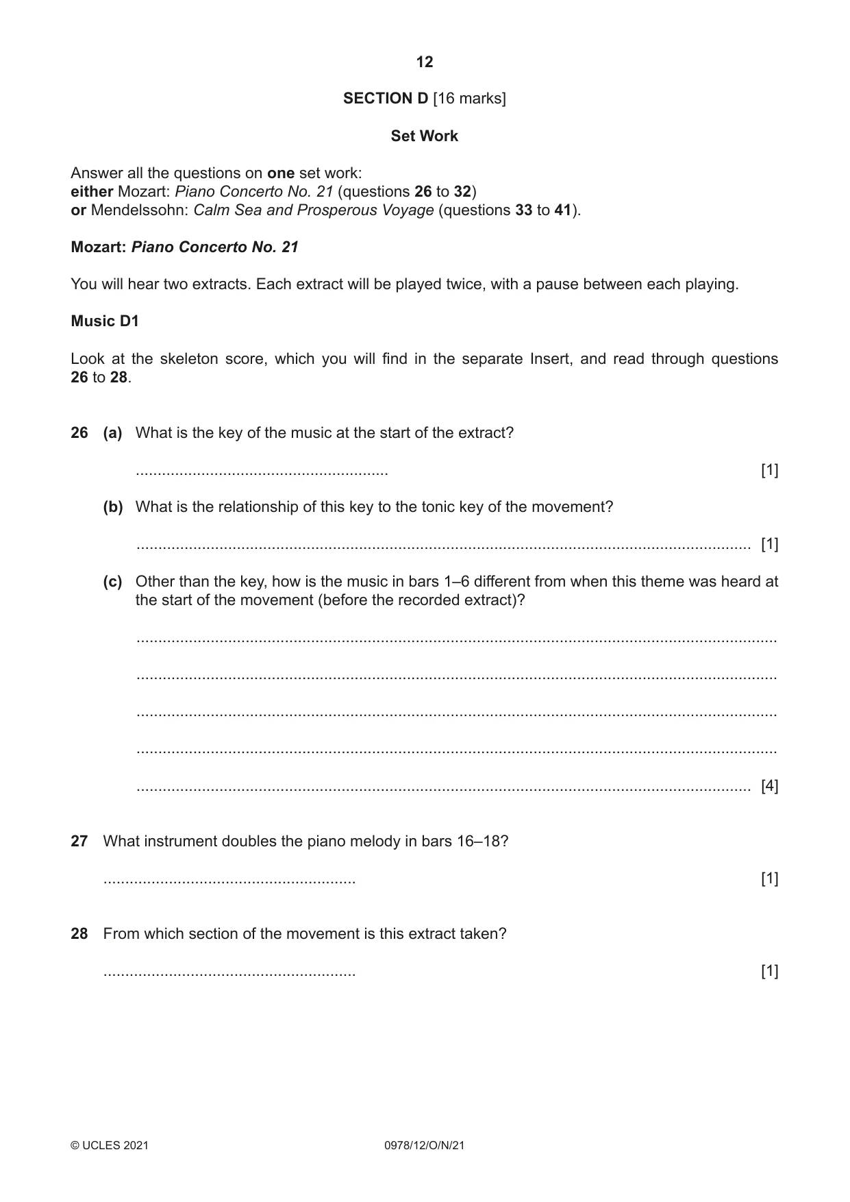 Cambridge IGCSE Music (9-1) 0978 2021 Oct/Nov Paper 1 · Variant 2 question paper, page 12 of 16