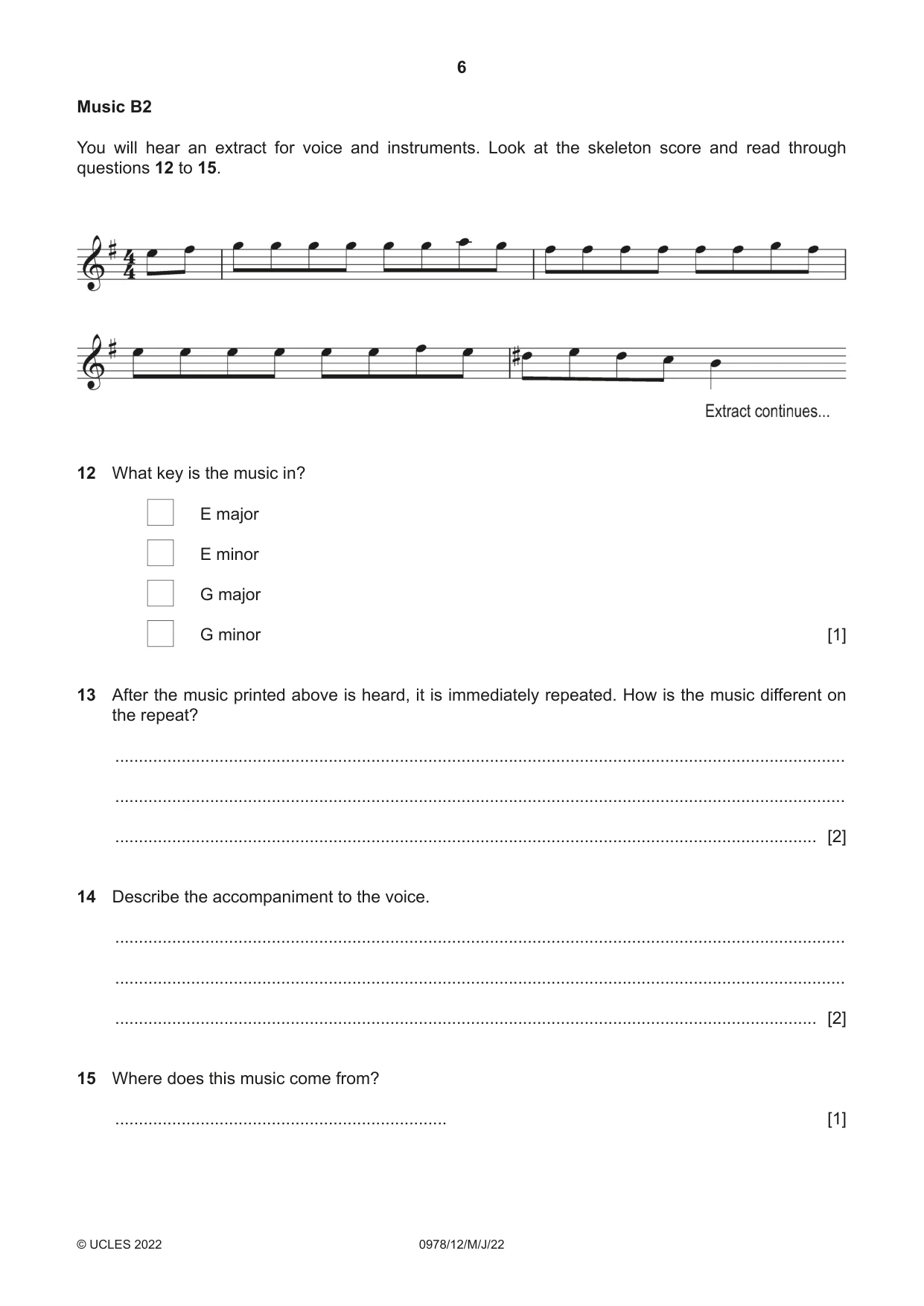 Cambridge IGCSE Music (9-1) 0978 2022 May/June Paper 1 · Variant 2 question paper, page 6 of 16