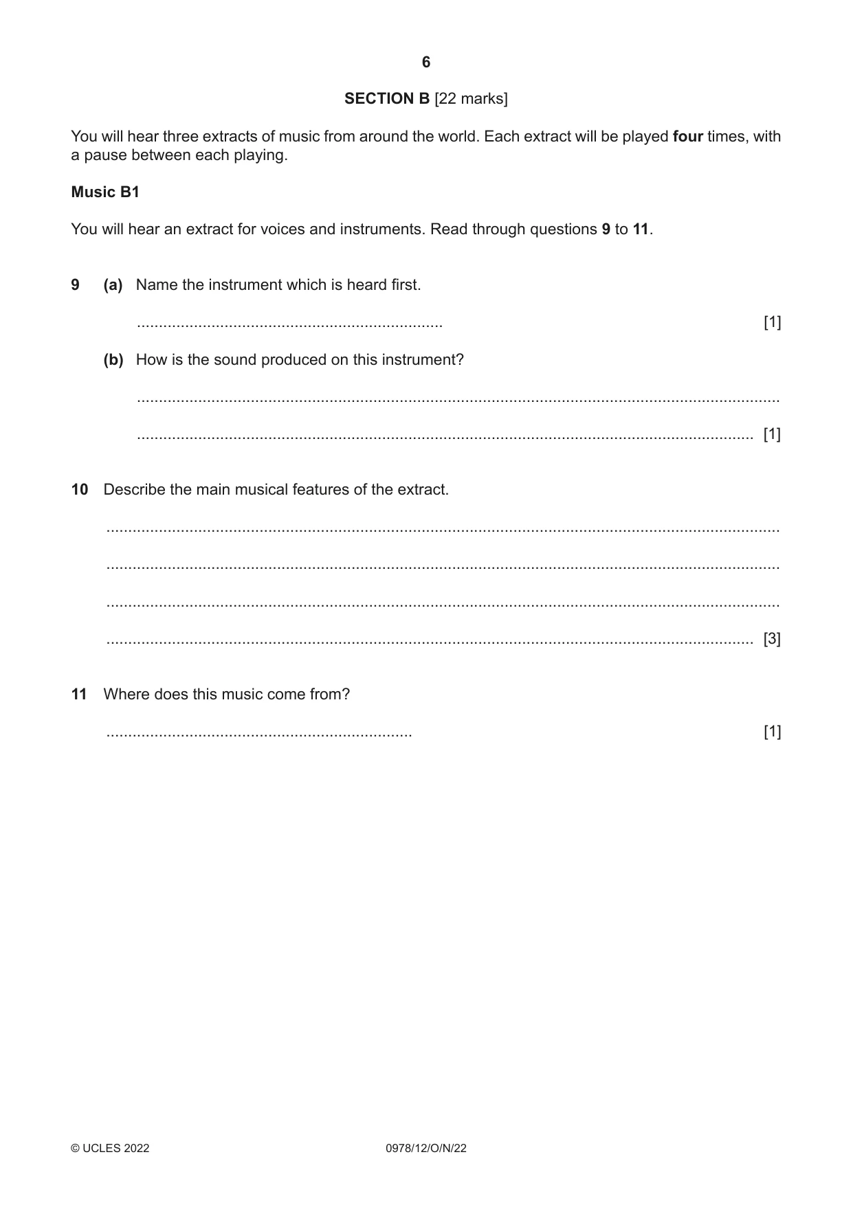 Cambridge IGCSE Music (9-1) 0978 2022 Oct/Nov Paper 1 · Variant 2 question paper, page 6 of 16