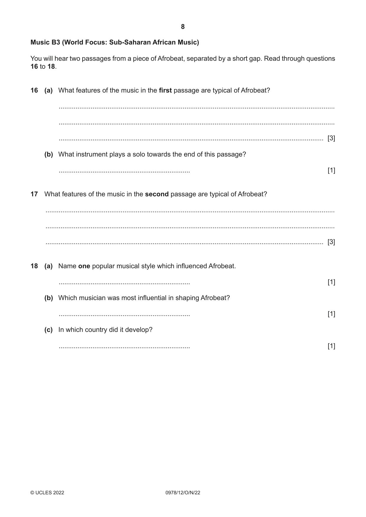 Cambridge IGCSE Music (9-1) 0978 2022 Oct/Nov Paper 1 · Variant 2 question paper, page 8 of 16