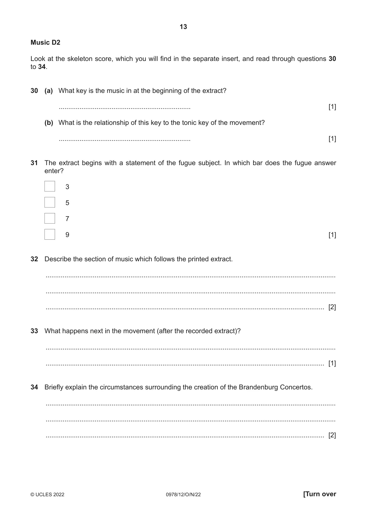 Cambridge IGCSE Music (9-1) 0978 2022 Oct/Nov Paper 1 · Variant 2 question paper, page 13 of 16