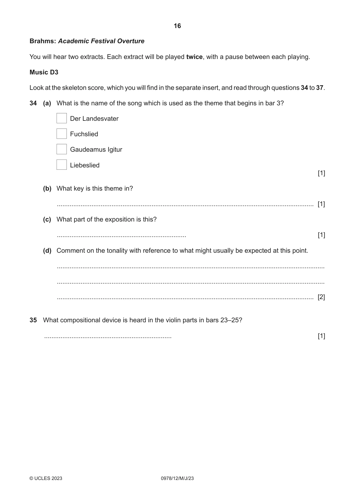 Cambridge IGCSE Music (9-1) 0978 2023 May/June Paper 1 · Variant 2 question paper, page 16 of 20