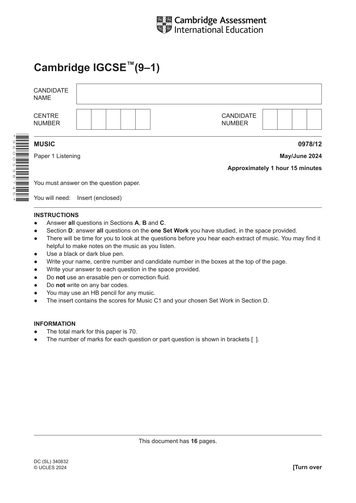 Cambridge IGCSE Music (9-1) 0978 2024 May/June Paper 1 · Variant 2 question paper, page 1 of 16