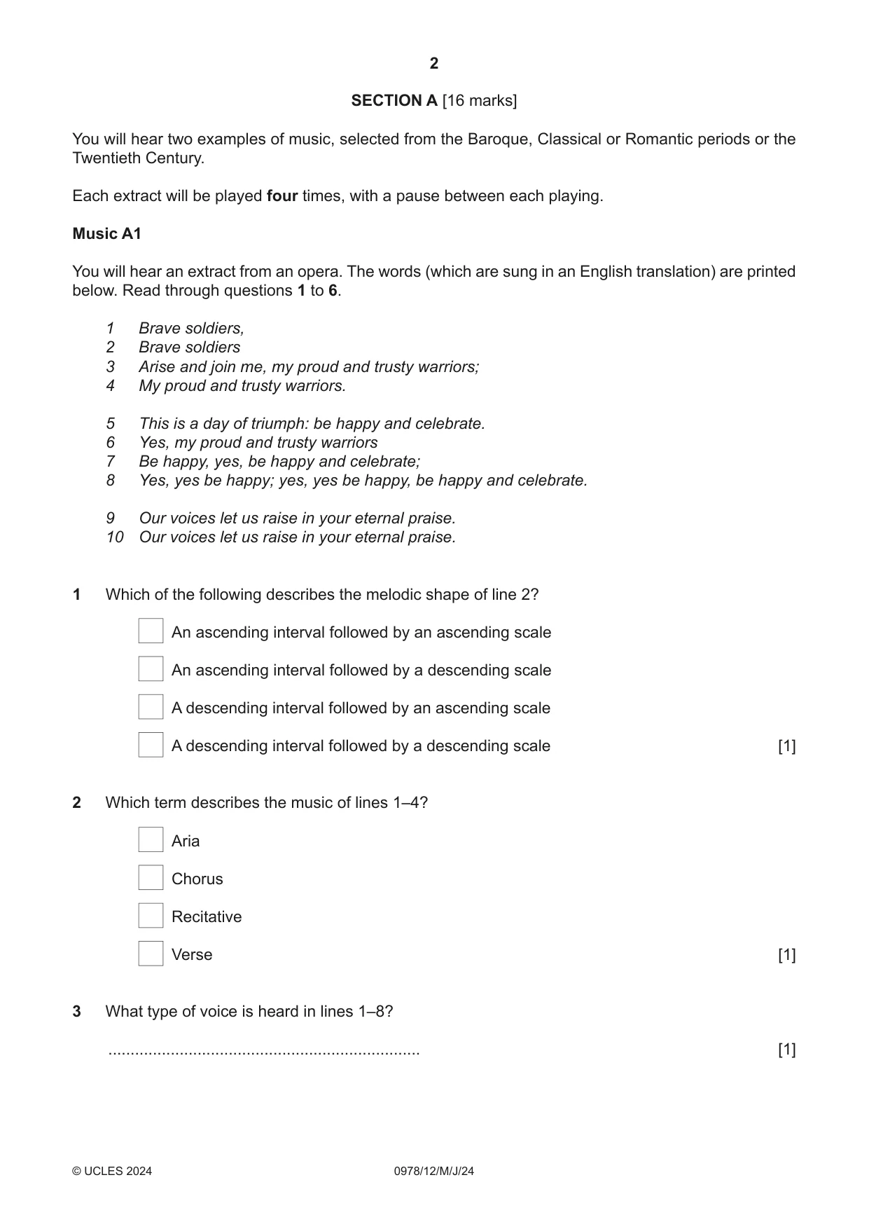 Cambridge IGCSE Music (9-1) 0978 2024 May/June Paper 1 · Variant 2 question paper, page 2 of 16