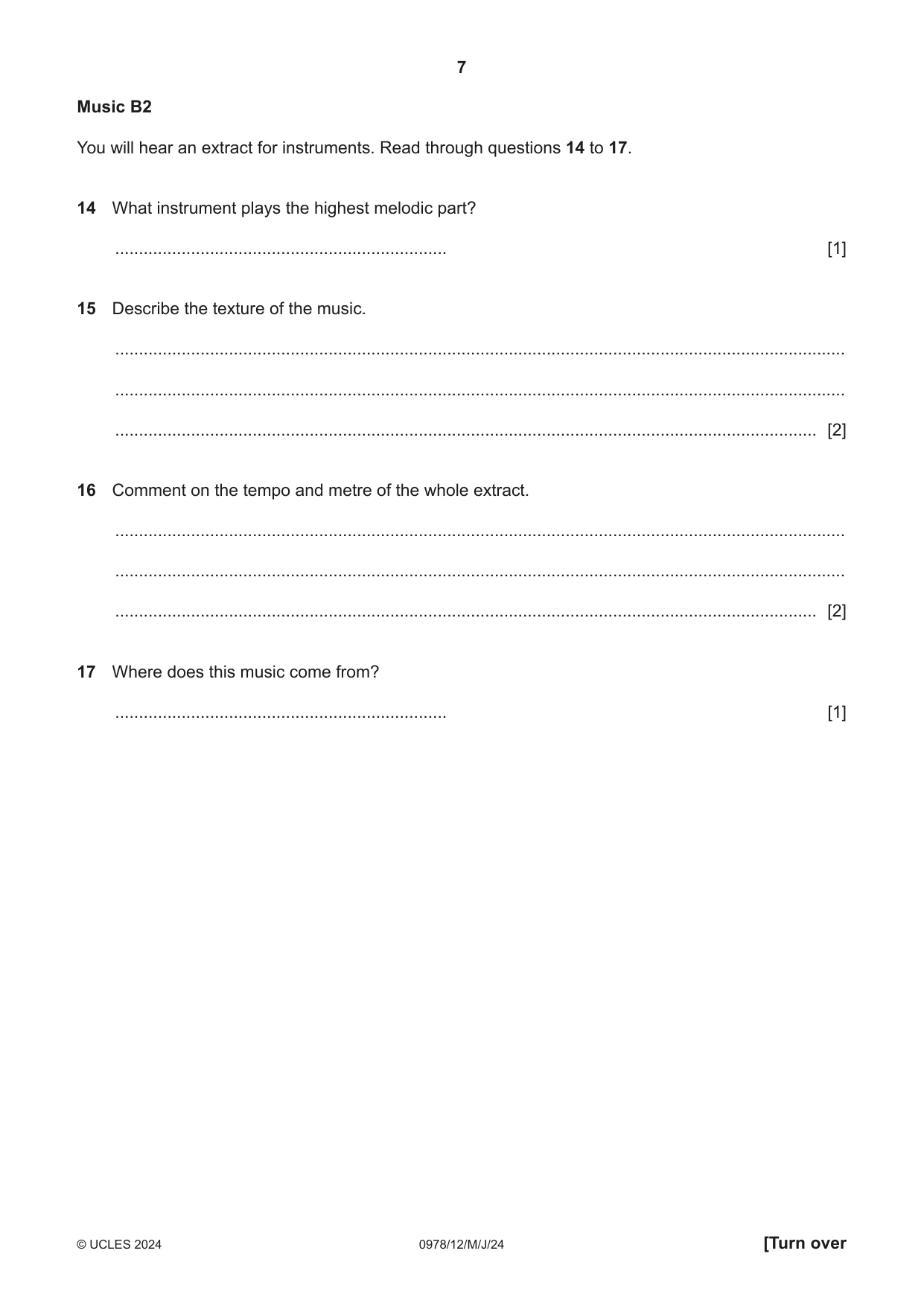 Cambridge IGCSE Music (9-1) 0978 2024 May/June Paper 1 · Variant 2 question paper, page 7 of 16