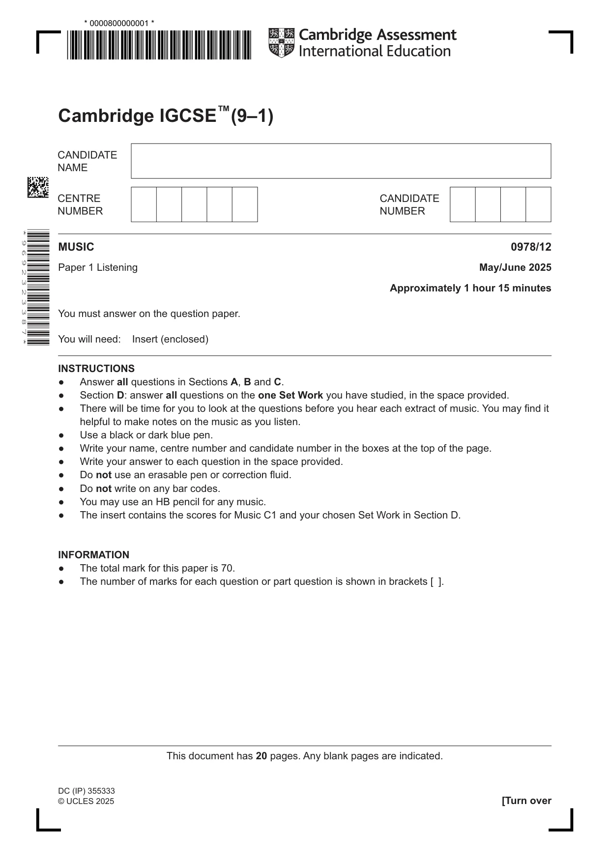 Cambridge IGCSE Music (9-1) 0978 2025 May/June Paper 1 · Variant 2 question paper, page 1 of 20