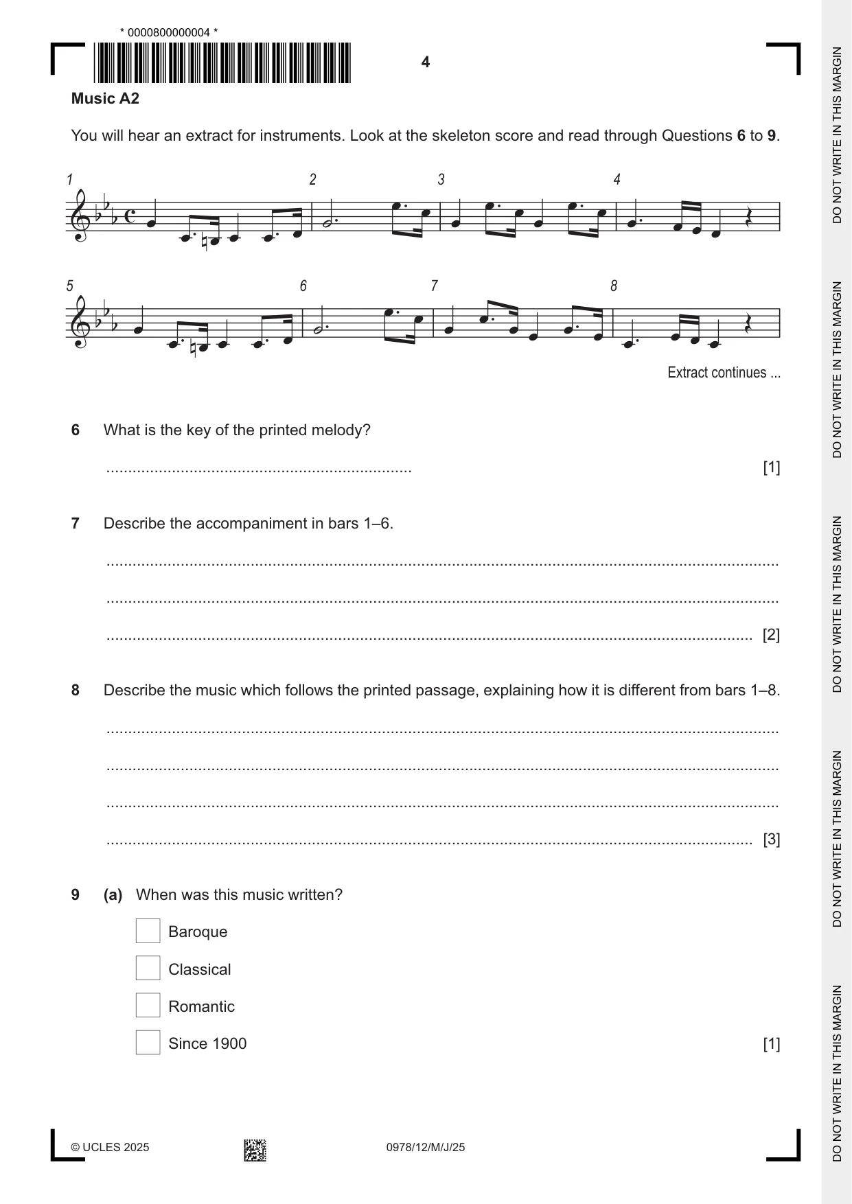 Cambridge IGCSE Music (9-1) 0978 2025 May/June Paper 1 · Variant 2 question paper, page 4 of 20