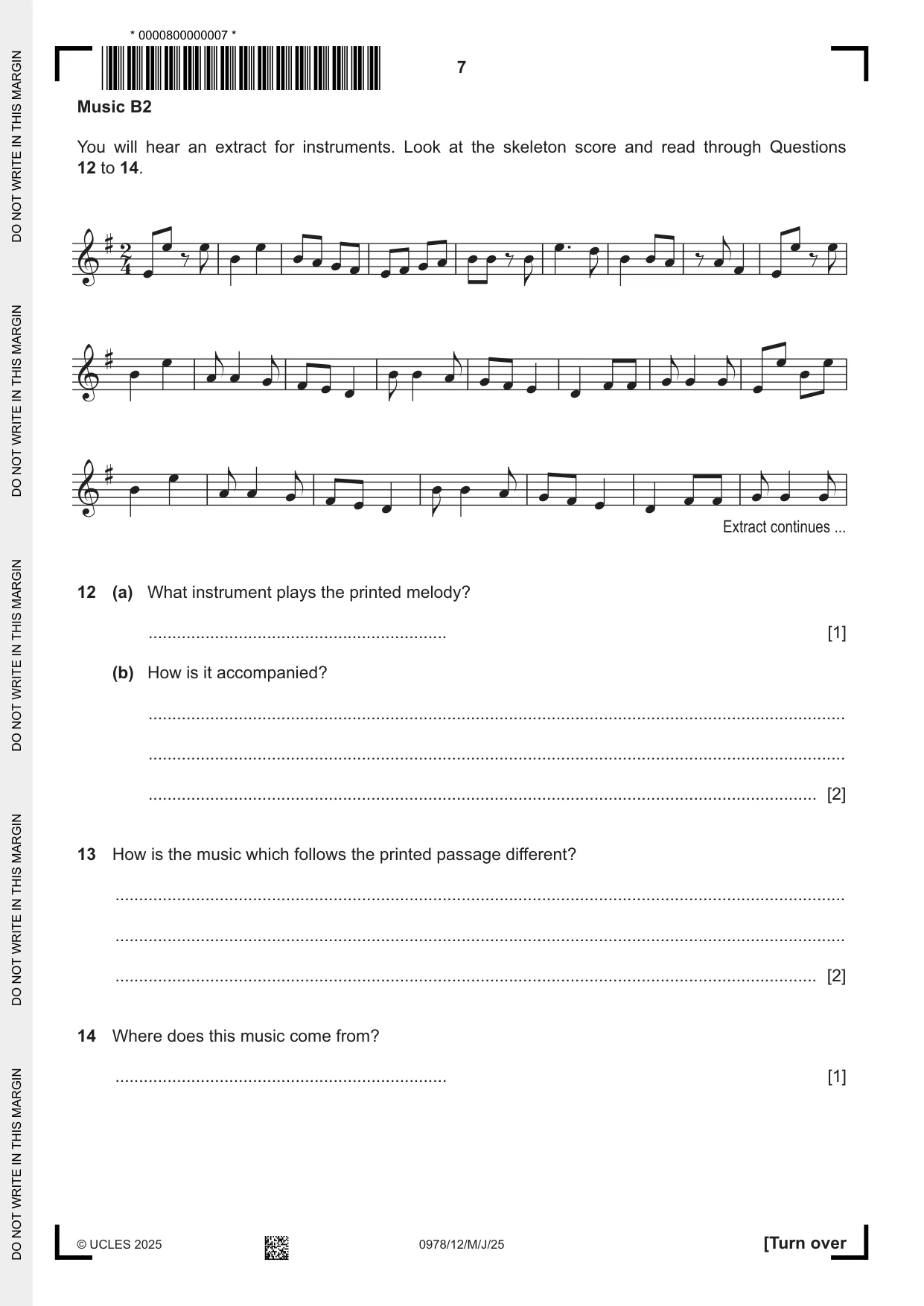 Cambridge IGCSE Music (9-1) 0978 2025 May/June Paper 1 · Variant 2 question paper, page 7 of 20