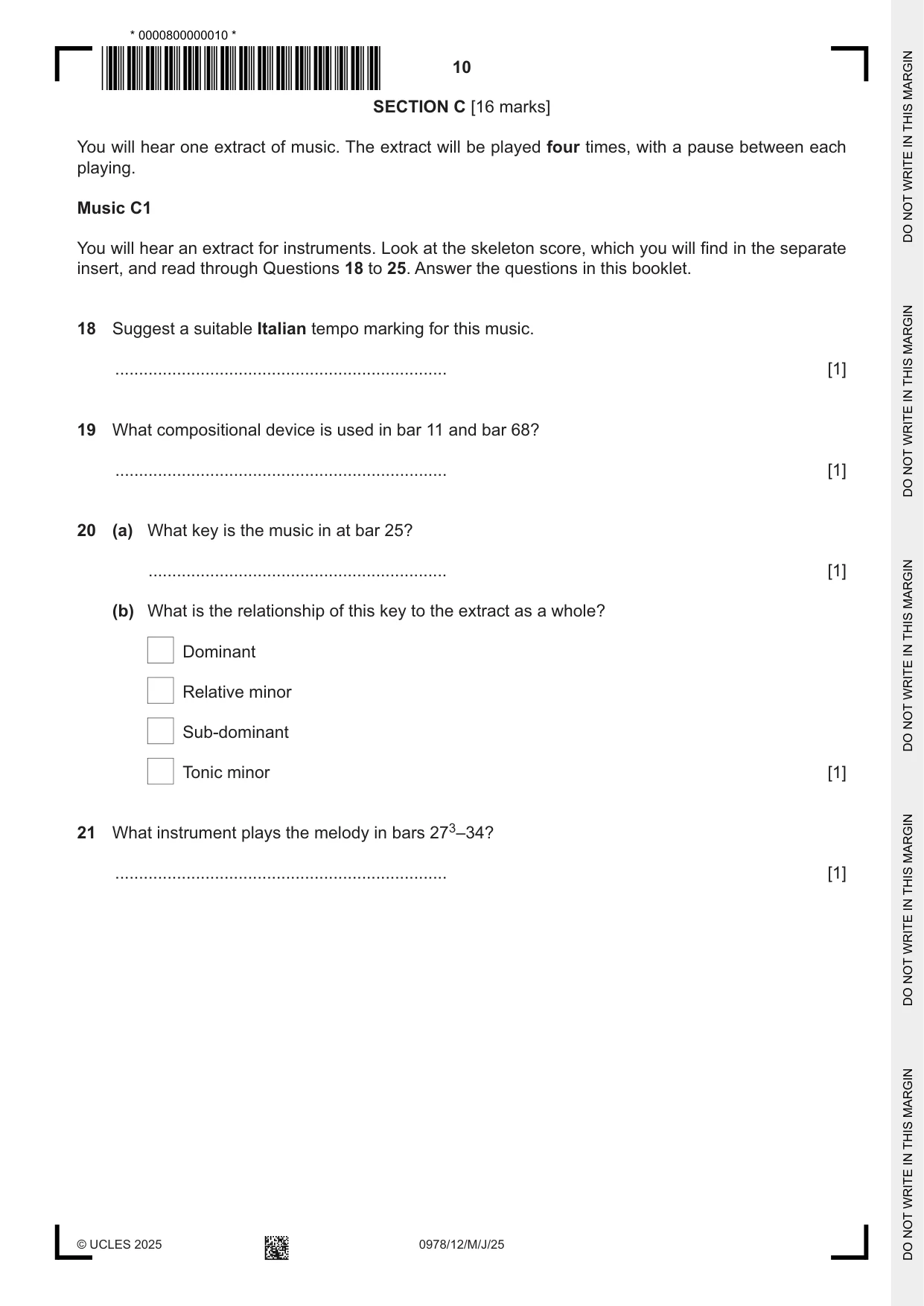 Cambridge IGCSE Music (9-1) 0978 2025 May/June Paper 1 · Variant 2 question paper, page 10 of 20