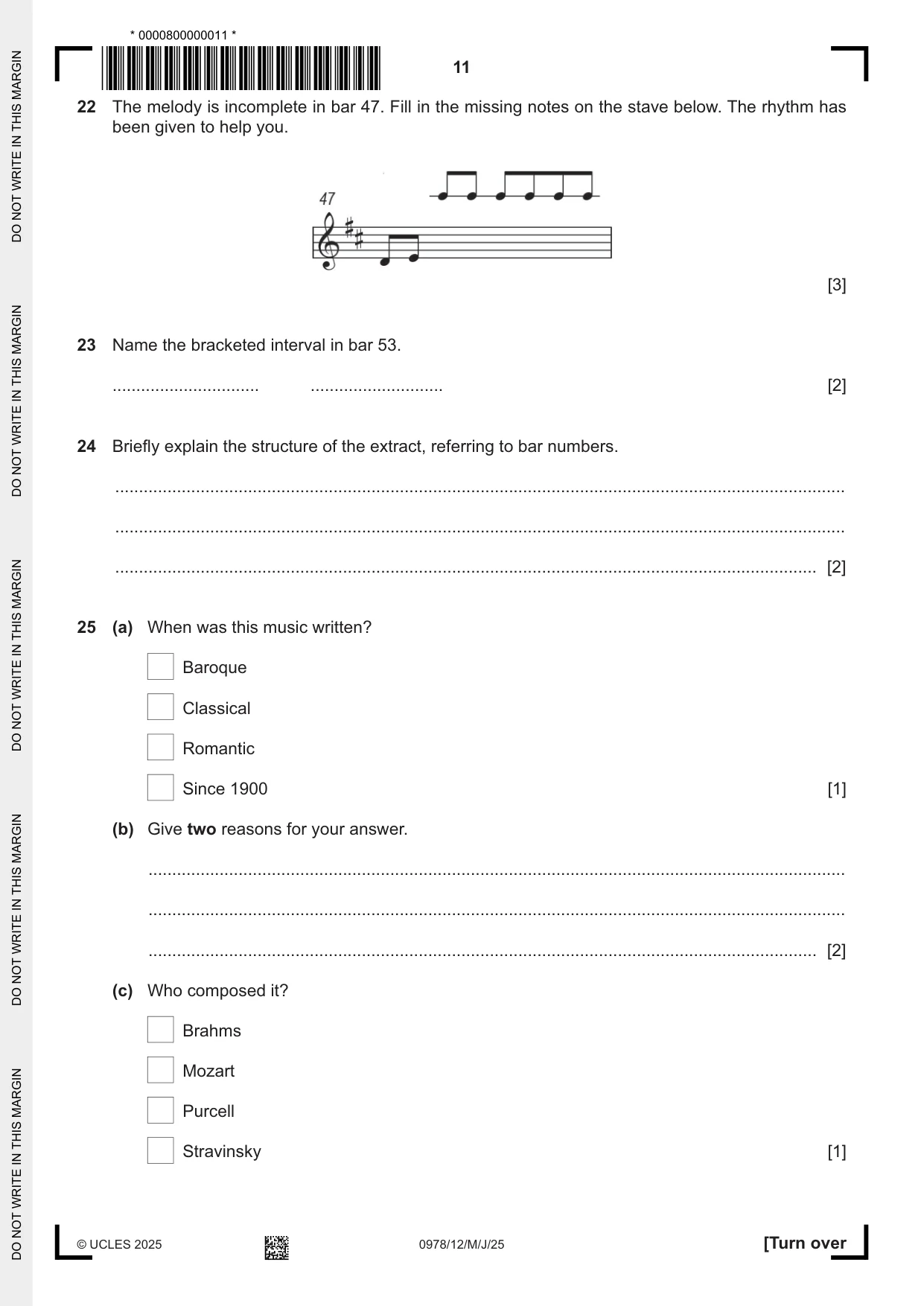Cambridge IGCSE Music (9-1) 0978 2025 May/June Paper 1 · Variant 2 question paper, page 11 of 20