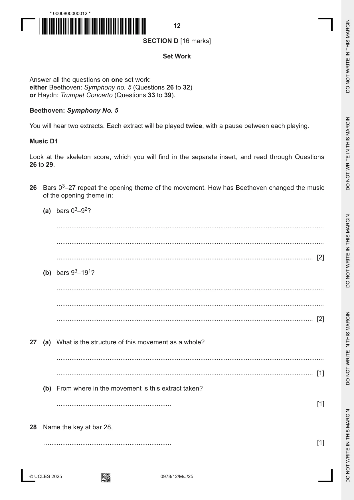Cambridge IGCSE Music (9-1) 0978 2025 May/June Paper 1 · Variant 2 question paper, page 12 of 20