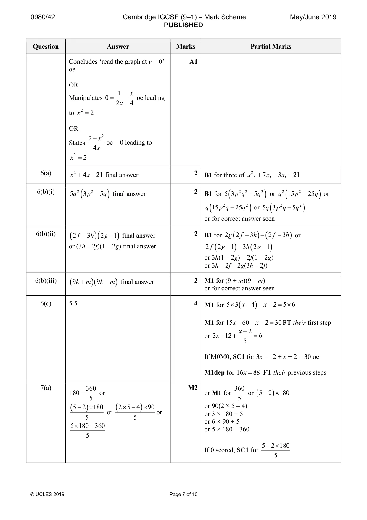 Mark scheme, page 7 of 10
