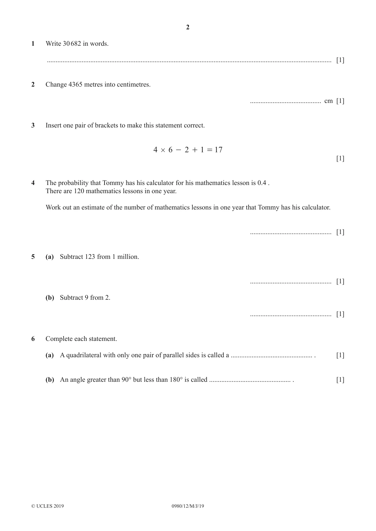 Cambridge IGCSE Mathematics (9-1) 0980 2019 May/June Paper 1 · Variant 2 question paper, page 2 of 12