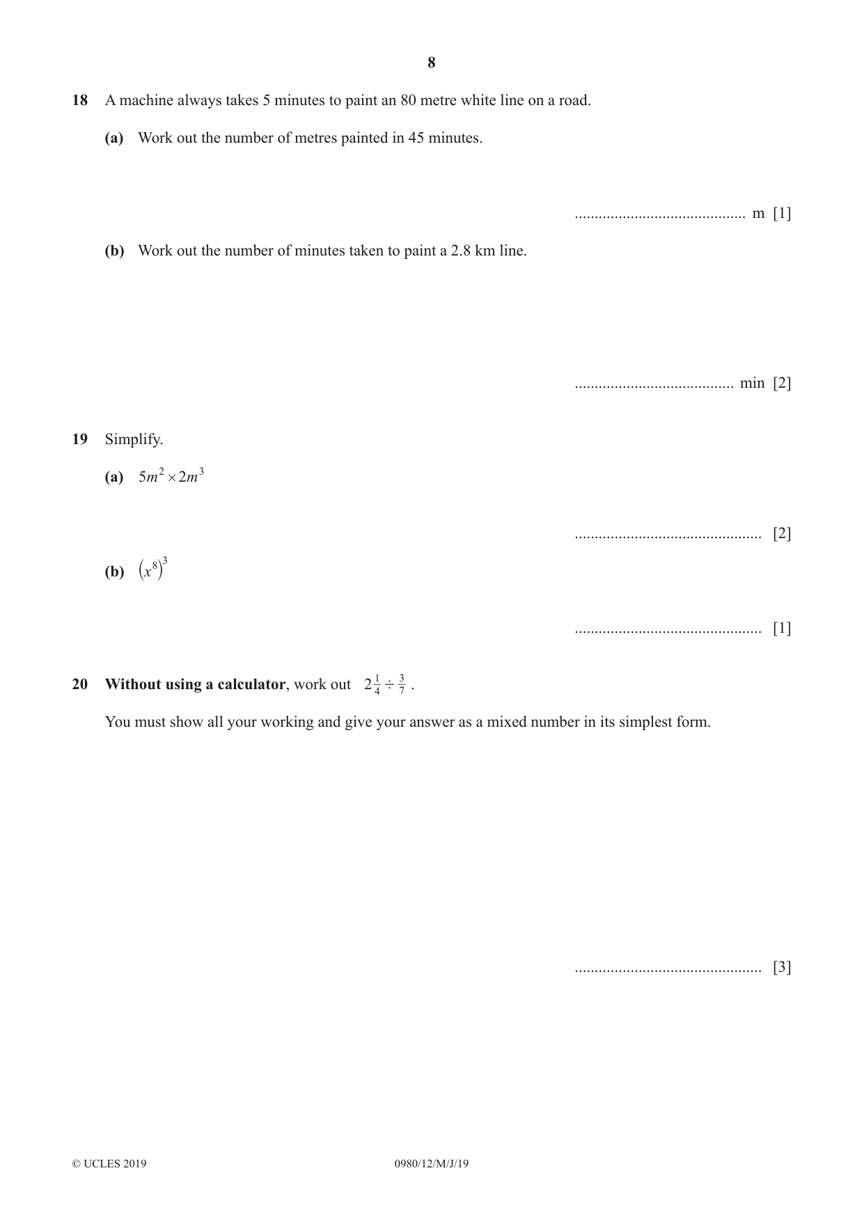 Cambridge IGCSE Mathematics (9-1) 0980 2019 May/June Paper 1 · Variant 2 question paper, page 8 of 12