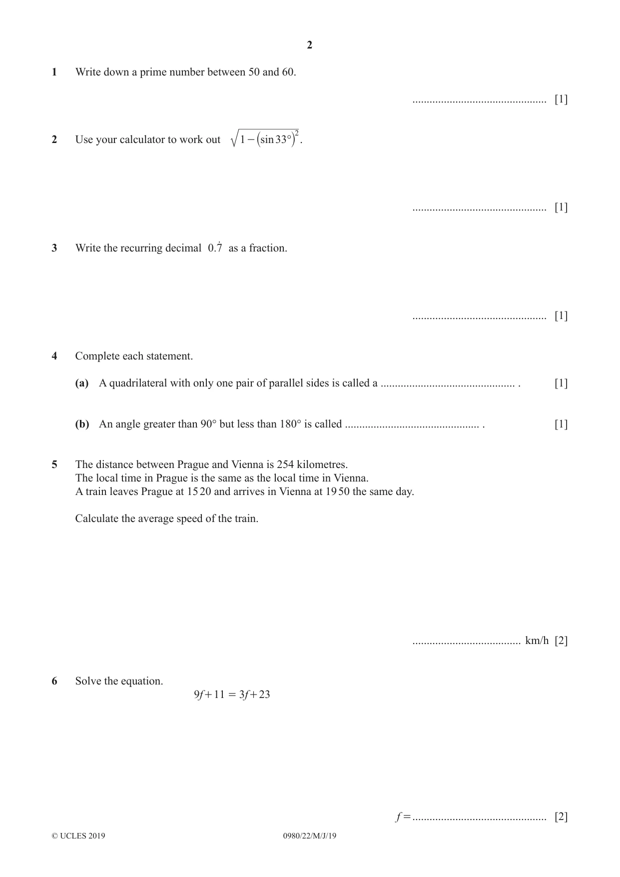 Cambridge IGCSE Mathematics (9-1) 0980 2019 May/June Paper 2 · Variant 2 question paper, page 2 of 12