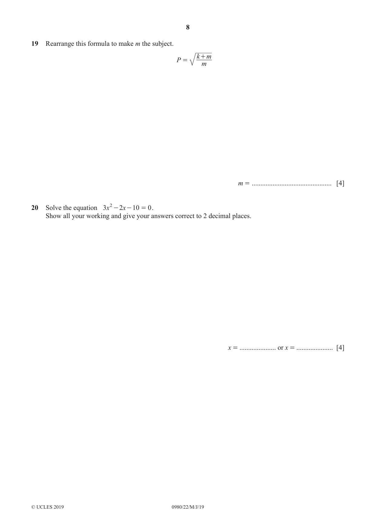 Cambridge IGCSE Mathematics (9-1) 0980 2019 May/June Paper 2 · Variant 2 question paper, page 8 of 12
