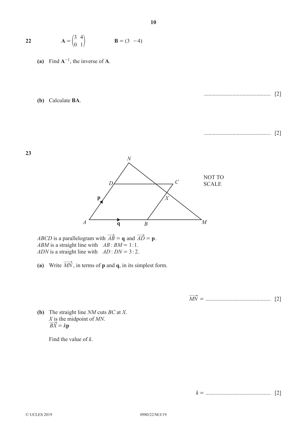Cambridge IGCSE Mathematics (9-1) 0980 2019 May/June Paper 2 · Variant 2 question paper, page 10 of 12