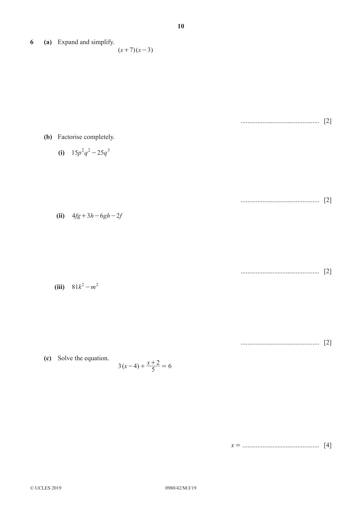 Cambridge IGCSE Mathematics (9-1) 0980 2019 May/June Paper 4 · Variant 2 question paper, page 10 of 20