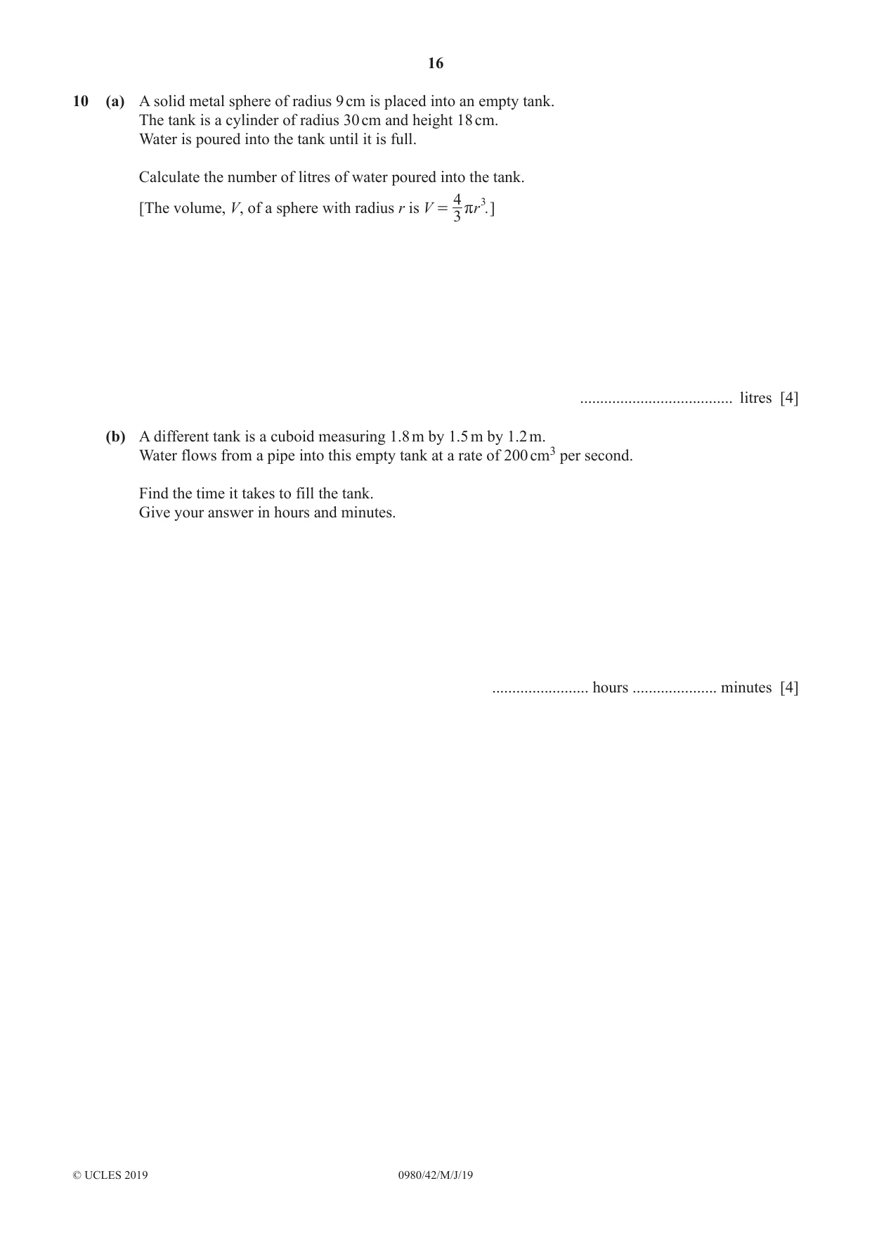 Cambridge IGCSE Mathematics (9-1) 0980 2019 May/June Paper 4 · Variant 2 question paper, page 16 of 20