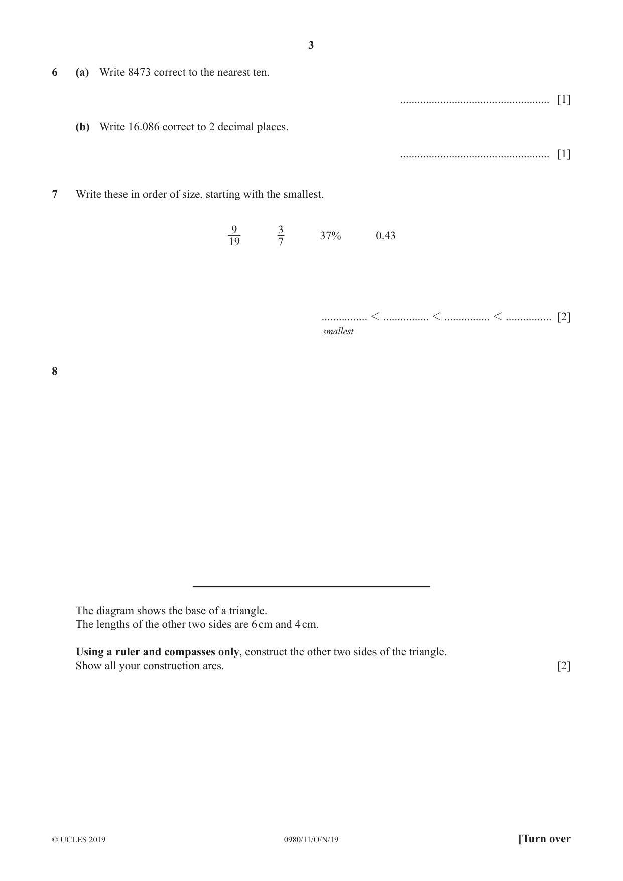 Cambridge IGCSE Mathematics (9-1) 0980 2019 Oct/Nov Paper 1 · Variant 1 question paper, page 3 of 12