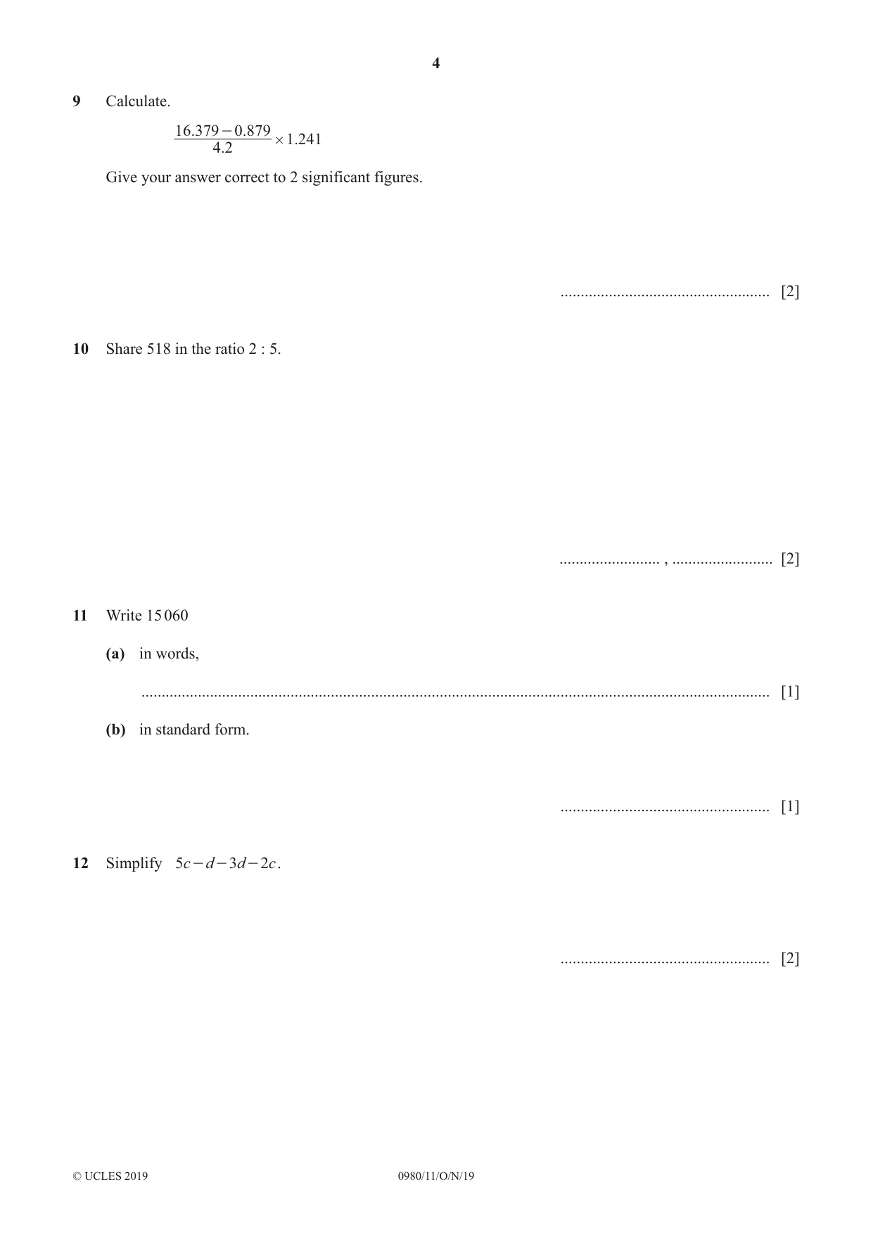 Cambridge IGCSE Mathematics (9-1) 0980 2019 Oct/Nov Paper 1 · Variant 1 question paper, page 4 of 12
