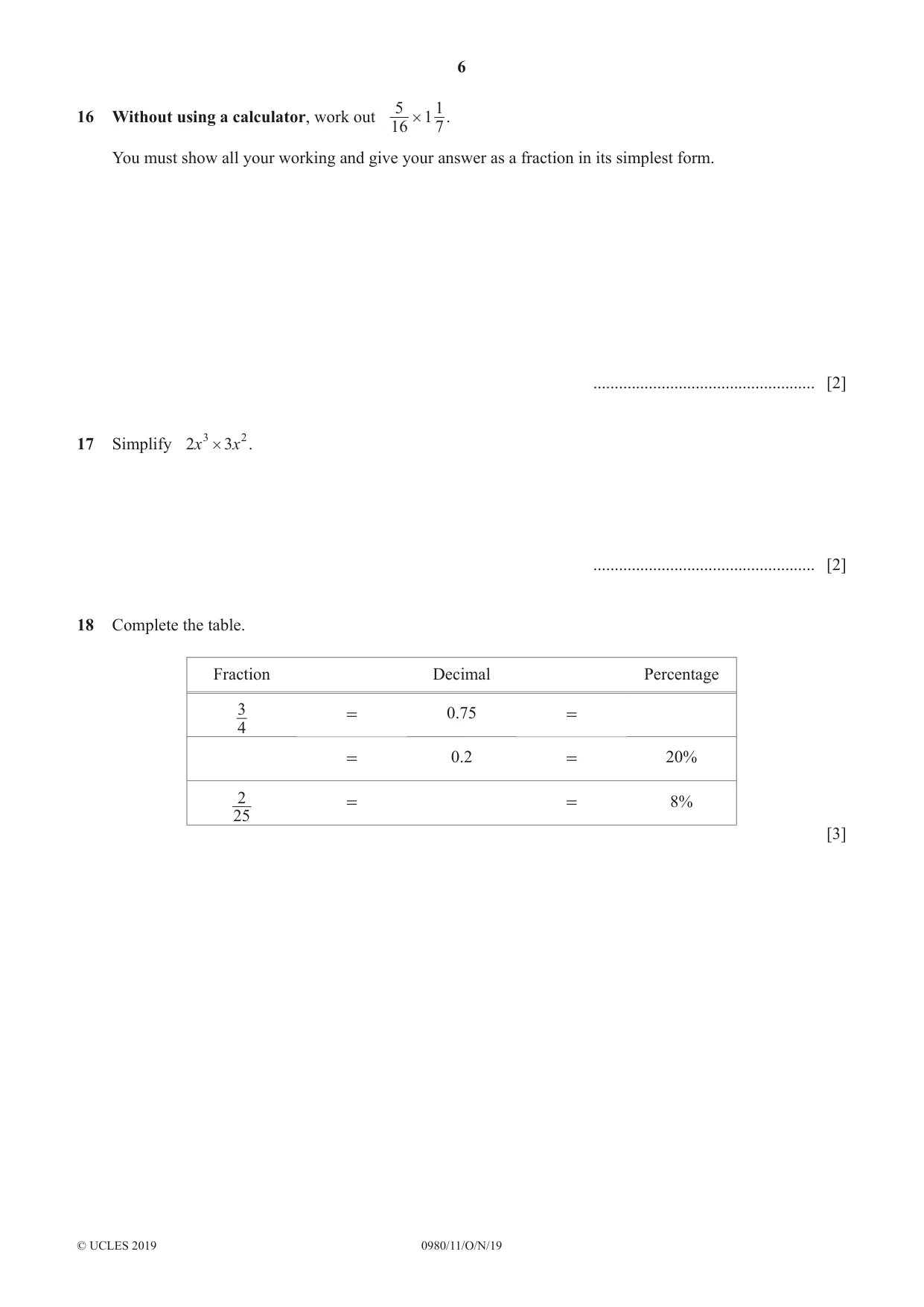 Cambridge IGCSE Mathematics (9-1) 0980 2019 Oct/Nov Paper 1 · Variant 1 question paper, page 6 of 12
