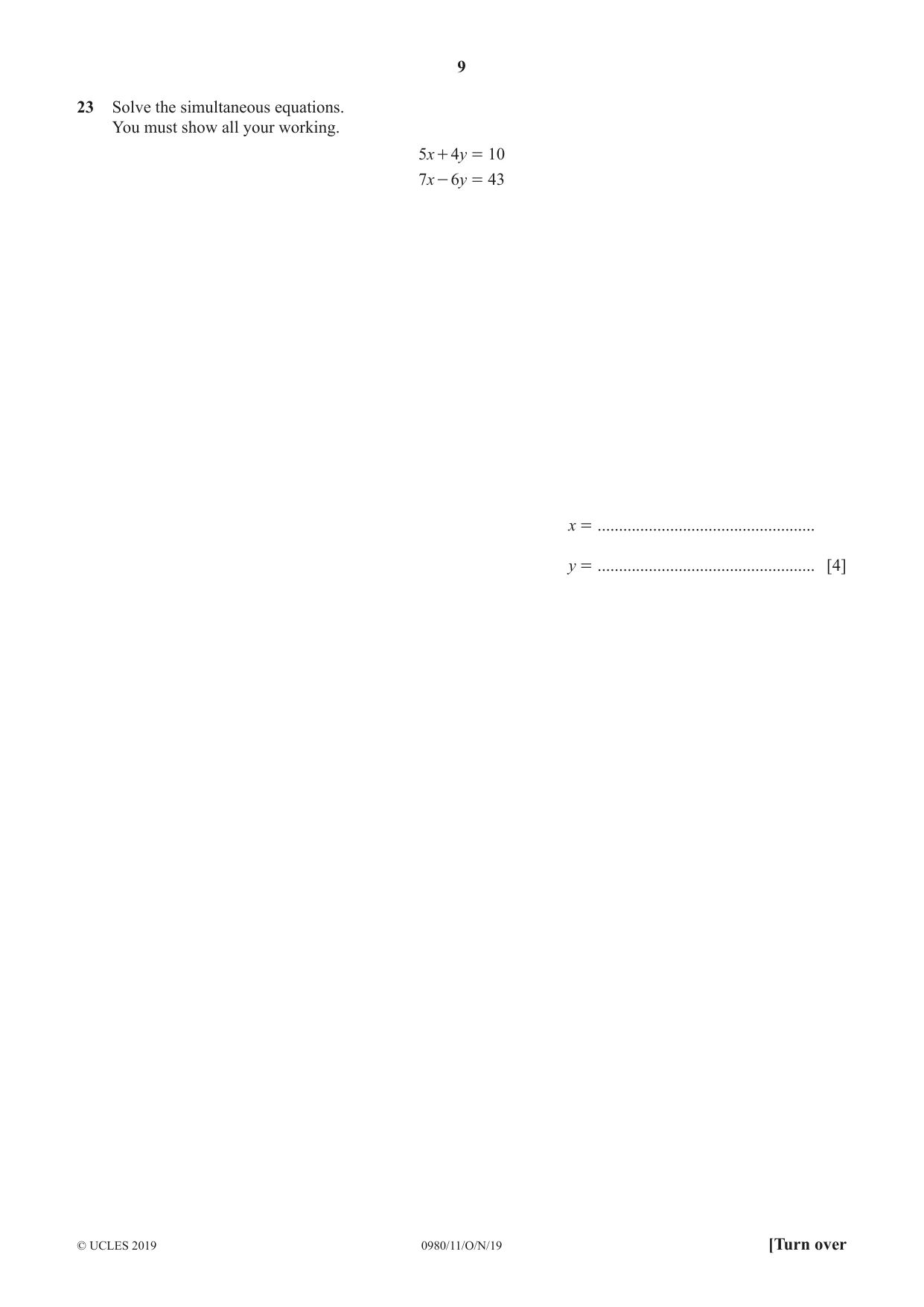 Cambridge IGCSE Mathematics (9-1) 0980 2019 Oct/Nov Paper 1 · Variant 1 question paper, page 9 of 12