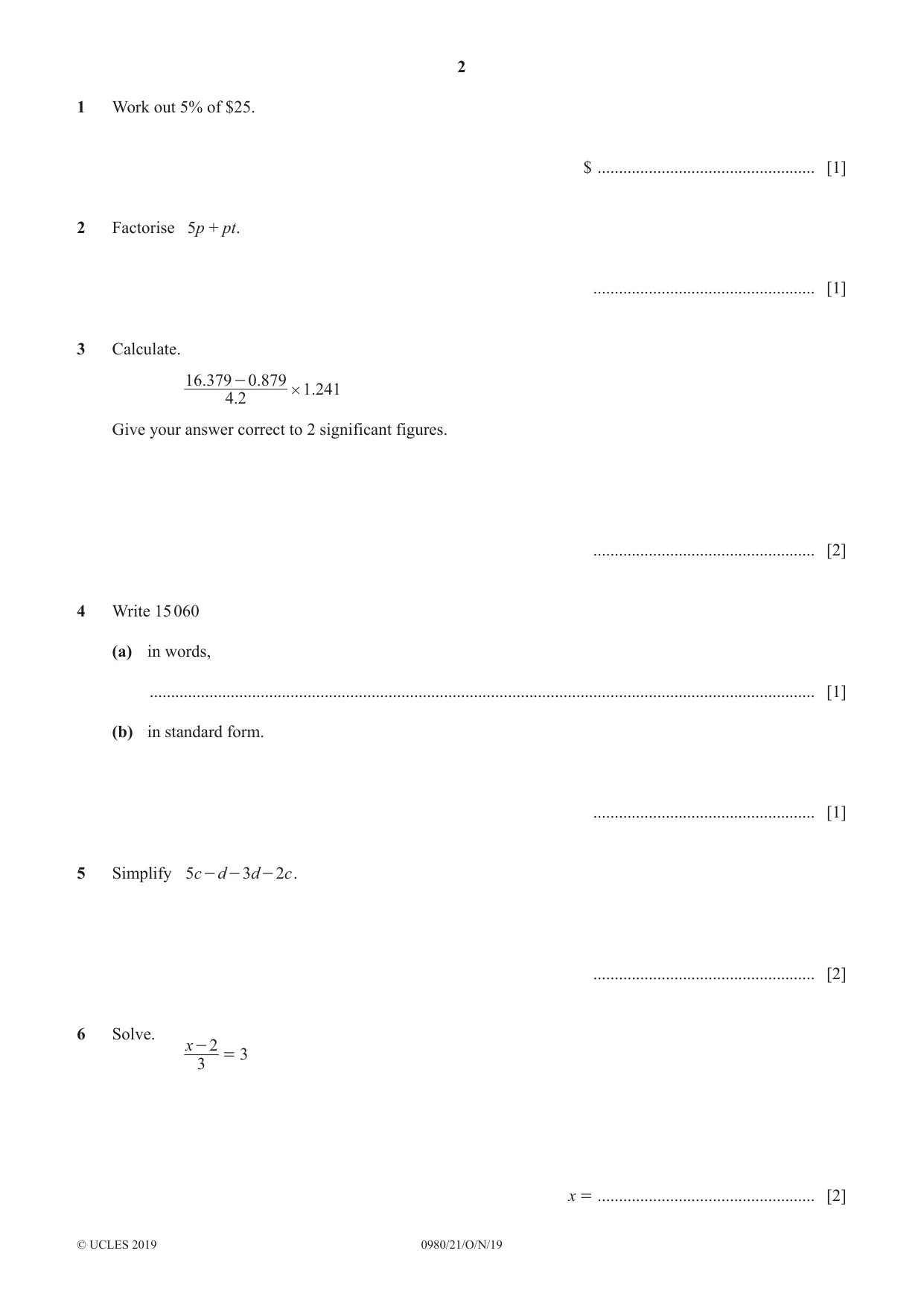 Cambridge IGCSE Mathematics (9-1) 0980 2019 Oct/Nov Paper 2 · Variant 1 question paper, page 2 of 12