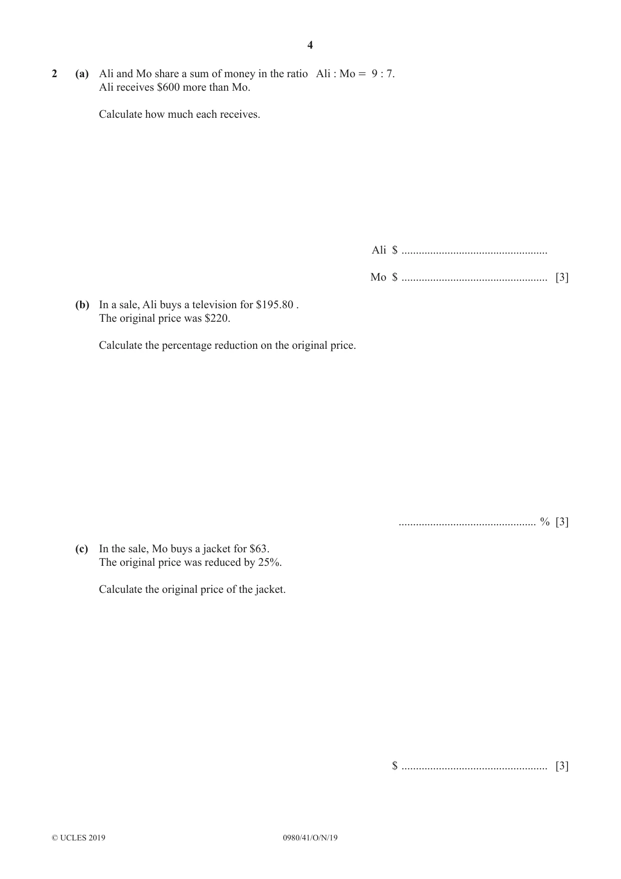 Cambridge IGCSE Mathematics (9-1) 0980 2019 Oct/Nov Paper 4 · Variant 1 question paper, page 4 of 16