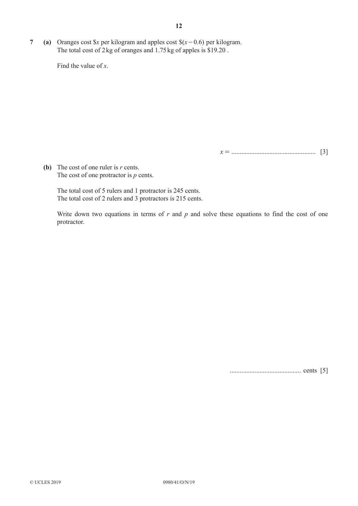 Cambridge IGCSE Mathematics (9-1) 0980 2019 Oct/Nov Paper 4 · Variant 1 question paper, page 12 of 16
