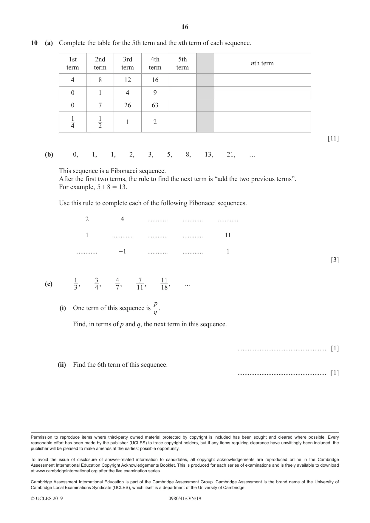Cambridge IGCSE Mathematics (9-1) 0980 2019 Oct/Nov Paper 4 · Variant 1 question paper, page 16 of 16