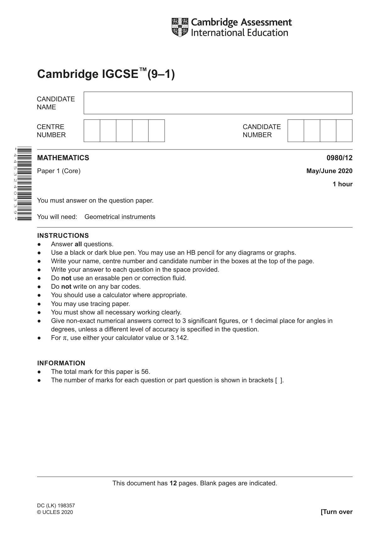 Cambridge IGCSE Mathematics (9-1) 0980 2020 May/June Paper 1 · Variant 2 question paper, page 1 of 12