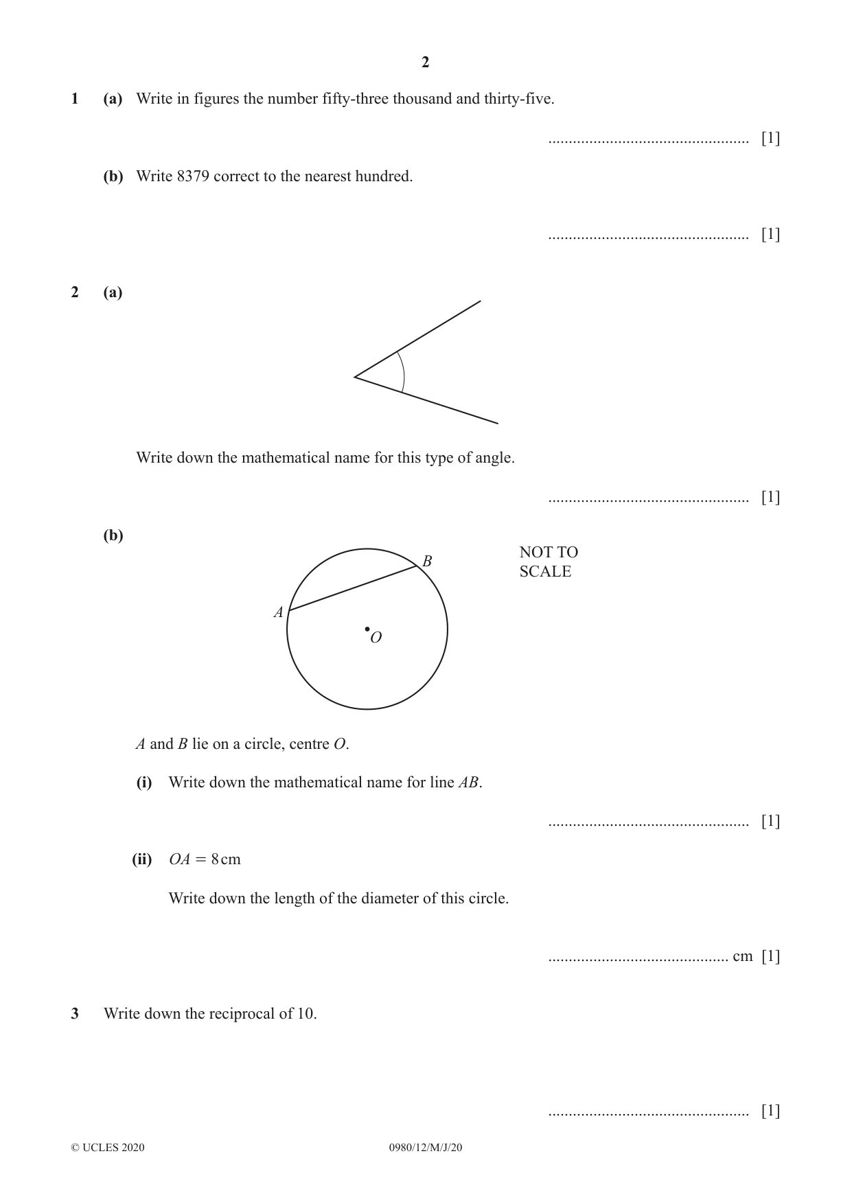 Cambridge IGCSE Mathematics (9-1) 0980 2020 May/June Paper 1 · Variant 2 question paper, page 2 of 12