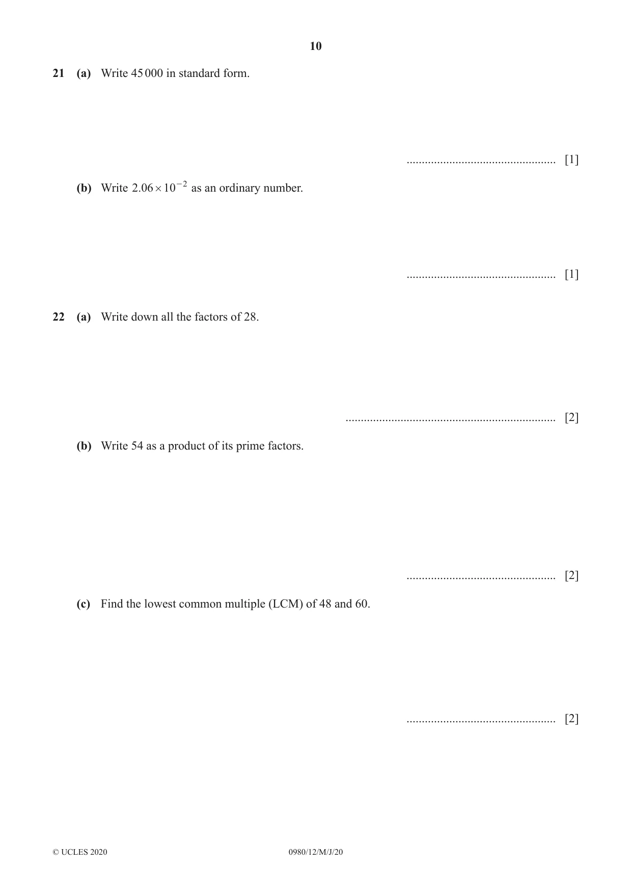 Cambridge IGCSE Mathematics (9-1) 0980 2020 May/June Paper 1 · Variant 2 question paper, page 10 of 12