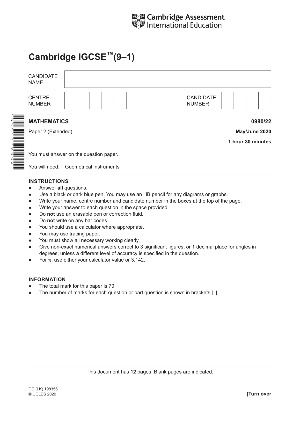 Cambridge IGCSE Mathematics (9-1) 0980 2020 May/June Paper 2 · Variant 2 question paper, page 1 of 12
