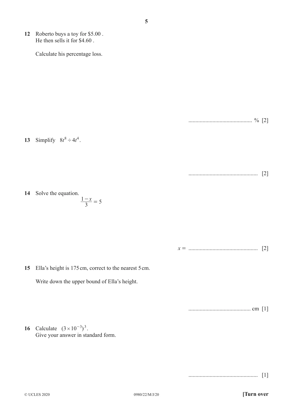 Cambridge IGCSE Mathematics (9-1) 0980 2020 May/June Paper 2 · Variant 2 question paper, page 5 of 12