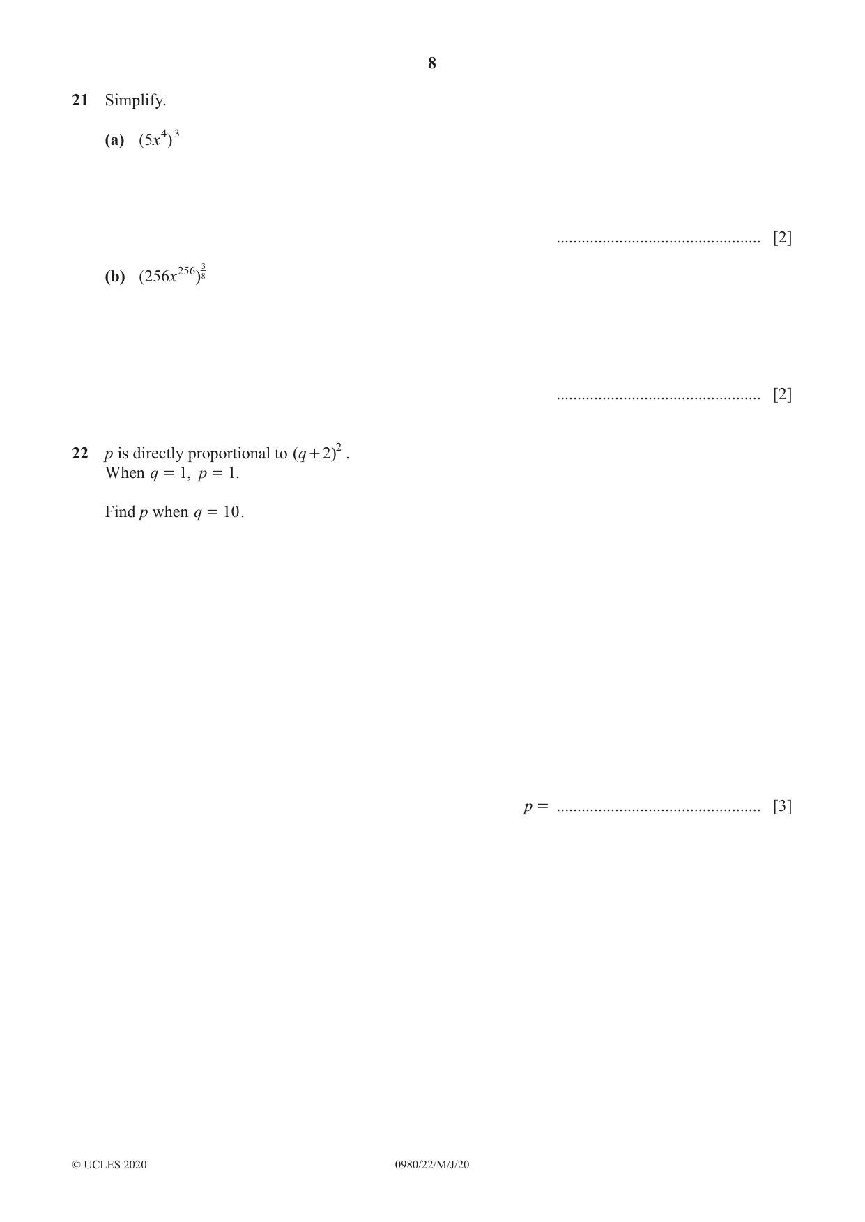 Cambridge IGCSE Mathematics (9-1) 0980 2020 May/June Paper 2 · Variant 2 question paper, page 8 of 12