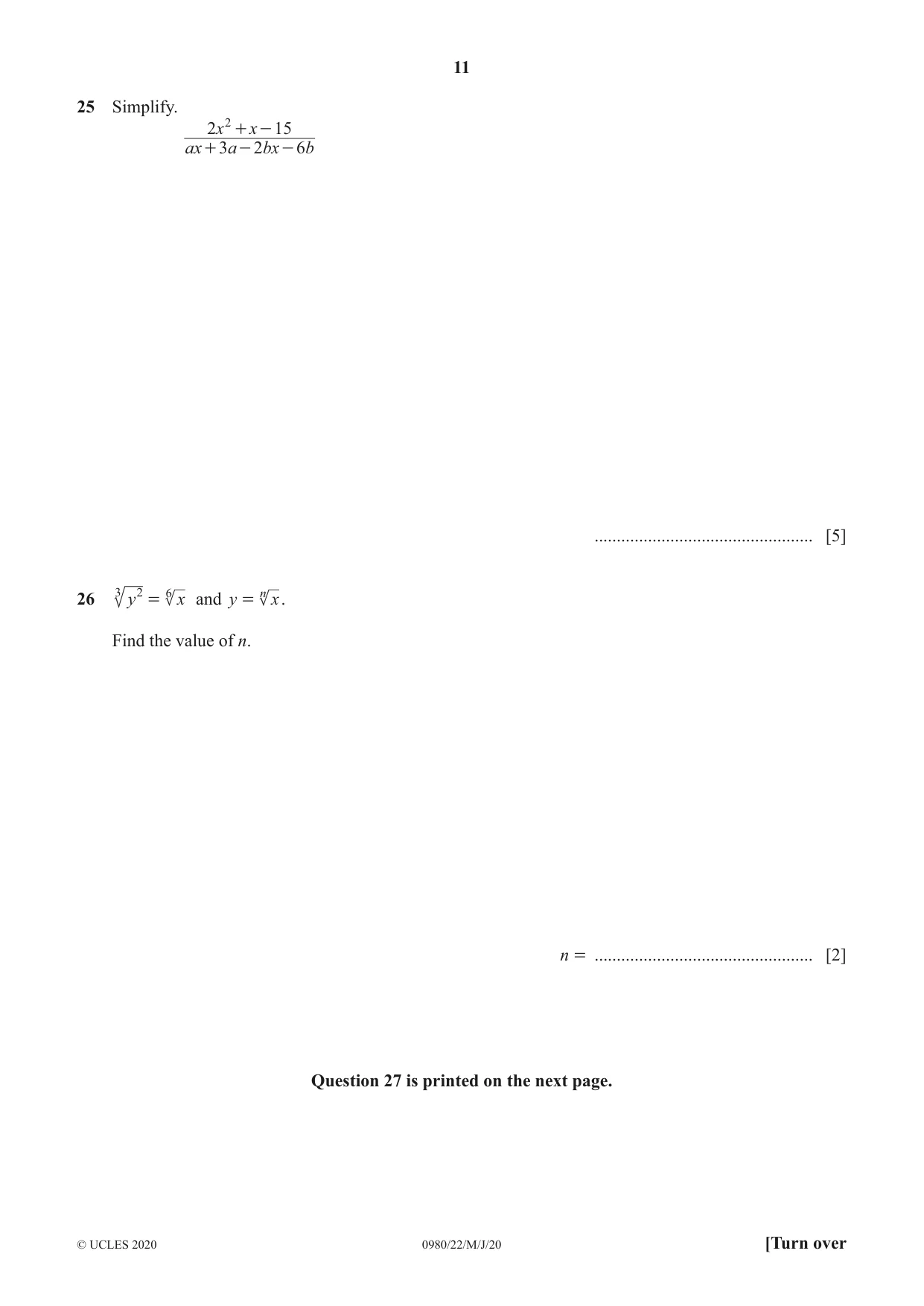 Cambridge IGCSE Mathematics (9-1) 0980 2020 May/June Paper 2 · Variant 2 question paper, page 11 of 12