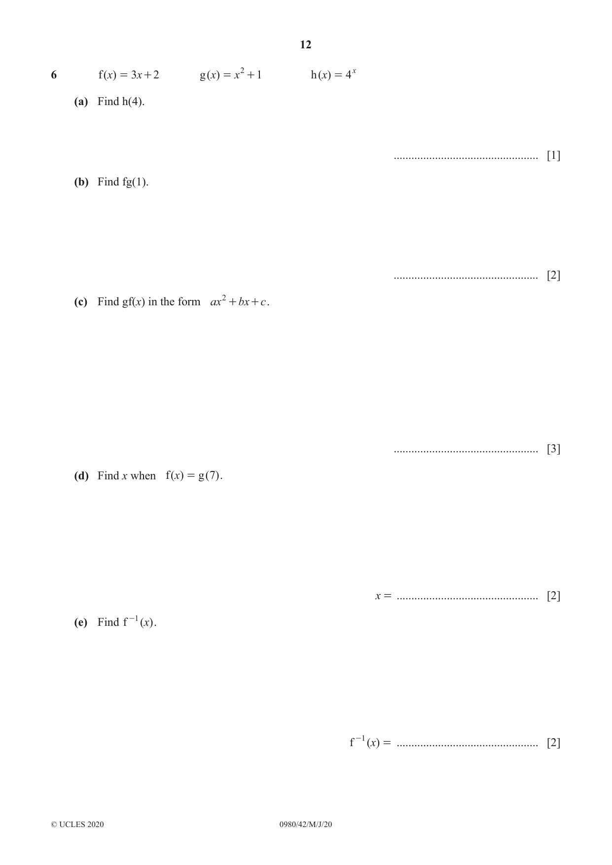 Cambridge IGCSE Mathematics (9-1) 0980 2020 May/June Paper 4 · Variant 2 question paper, page 12 of 20