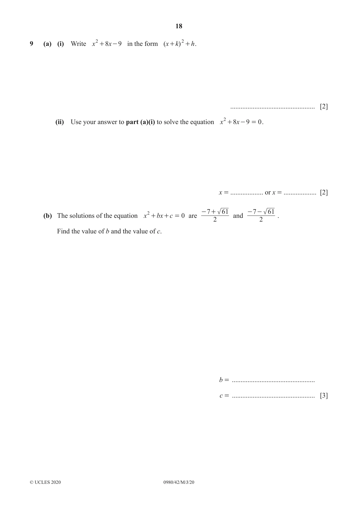 Cambridge IGCSE Mathematics (9-1) 0980 2020 May/June Paper 4 · Variant 2 question paper, page 18 of 20