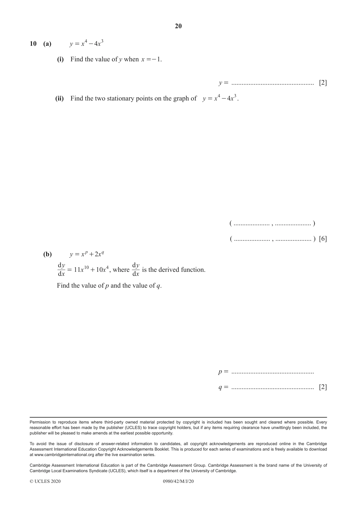 Cambridge IGCSE Mathematics (9-1) 0980 2020 May/June Paper 4 · Variant 2 question paper, page 20 of 20
