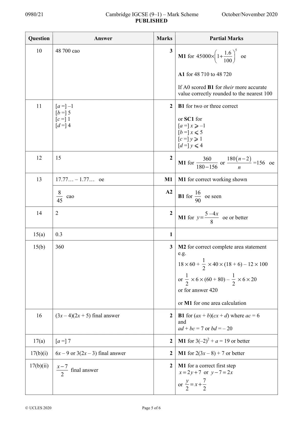 Mark scheme, page 5 of 6