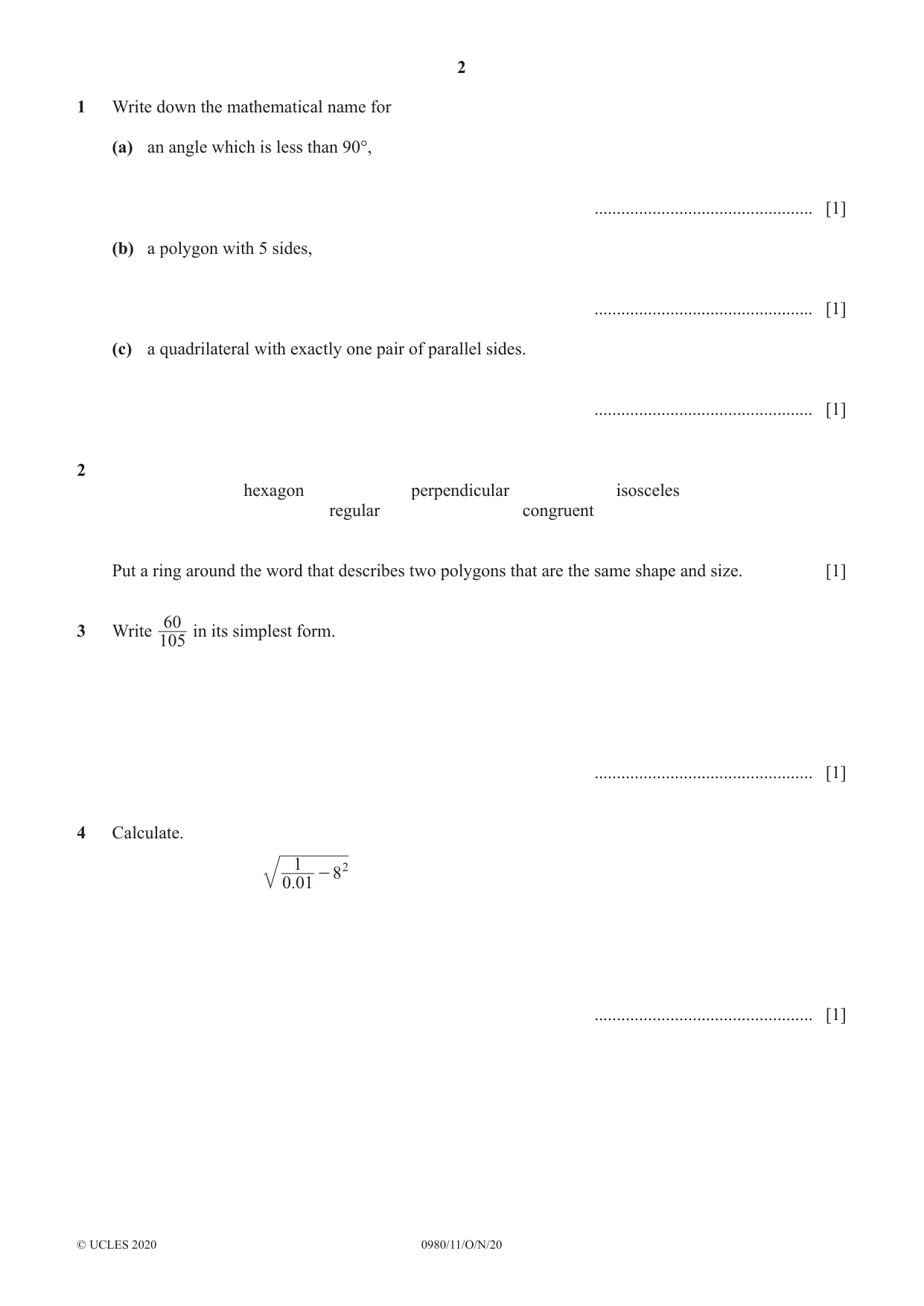 Cambridge IGCSE Mathematics (9-1) 0980 2020 Oct/Nov Paper 1 · Variant 1 question paper, page 2 of 12