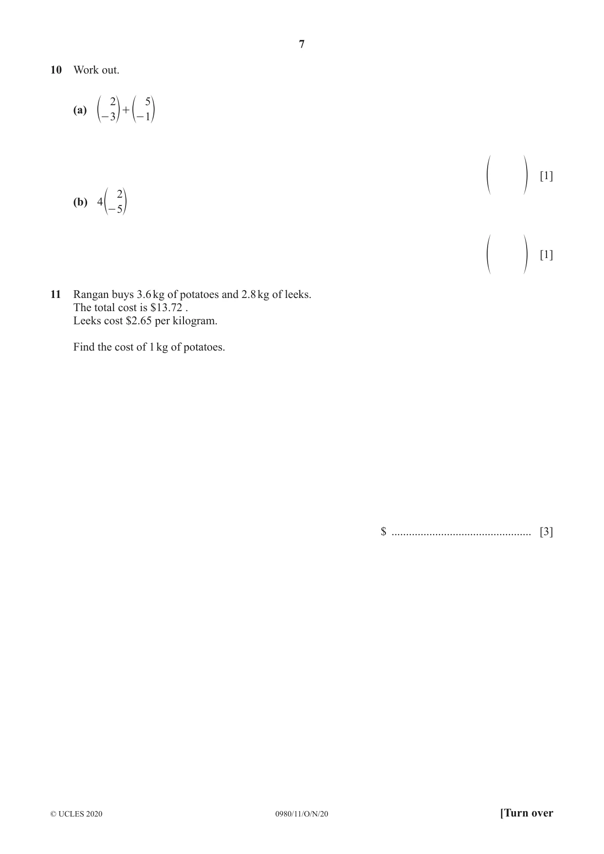 Cambridge IGCSE Mathematics (9-1) 0980 2020 Oct/Nov Paper 1 · Variant 1 question paper, page 7 of 12