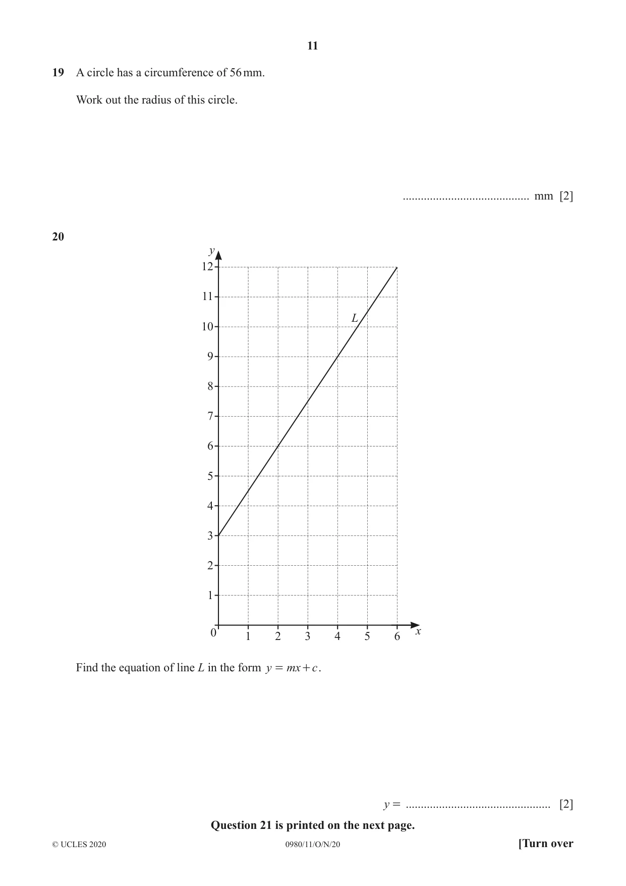 Cambridge IGCSE Mathematics (9-1) 0980 2020 Oct/Nov Paper 1 · Variant 1 question paper, page 11 of 12